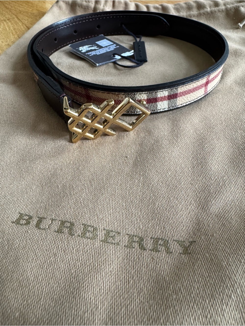 Burberry Beige Tan Black Plaid Belt with Gold Geometric Buckle
